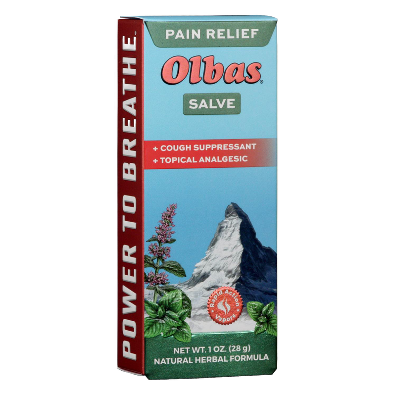 Box of soothing herbal salve with fast-absorbing formula for pain relief and cough suppression, featuring natural ingredients and vibrant mountain and mint plant graphics, ideal for Health & Wellness.