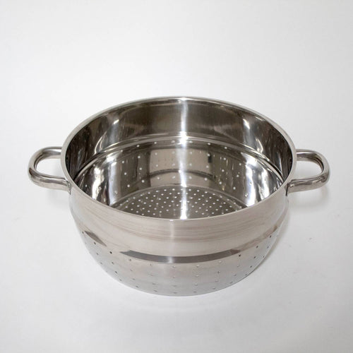 Polished stainless steel perforated fruit basket insert with side handles, designed for stovetop use in Kitchen & Food, Juicers and Steamers, Best Sellers, and Promo Eligible collections.