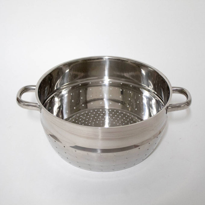 Polished stainless steel perforated fruit basket insert with side handles, designed for stovetop use in Kitchen & Food, Juicers and Steamers, Best Sellers, and Promo Eligible collections.