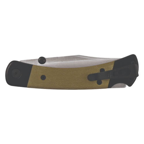 Lightweight folding knife with textured olive green handle, black bolsters, and deep carry pocket clip, featuring a stainless steel blade with dual thumbstuds, part of Farm, Garden & Tool, Hand Tools and Hardware, USA Made, and Best Sellers collections.