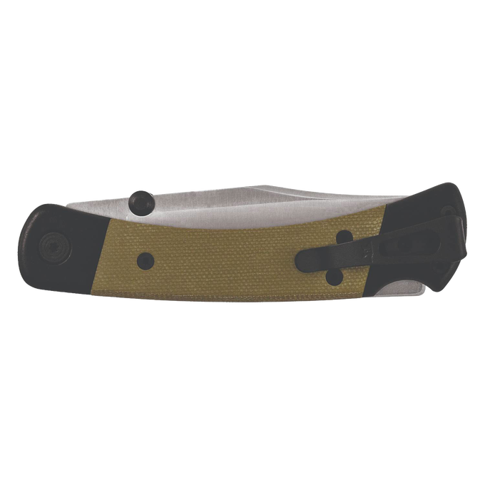 Lightweight folding knife with textured olive green handle, black bolsters, and deep carry pocket clip, featuring a stainless steel blade with dual thumbstuds, part of Farm, Garden & Tool, Hand Tools and Hardware, USA Made, and Best Sellers collections.