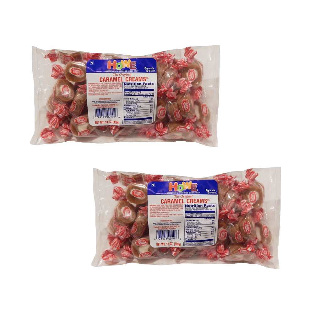 Two clear bags of soft caramel cream candies individually wrapped in red and white packaging, made in USA, featured in Kitchen & Food, Snacks and Sweets, and Best Sellers collections.
