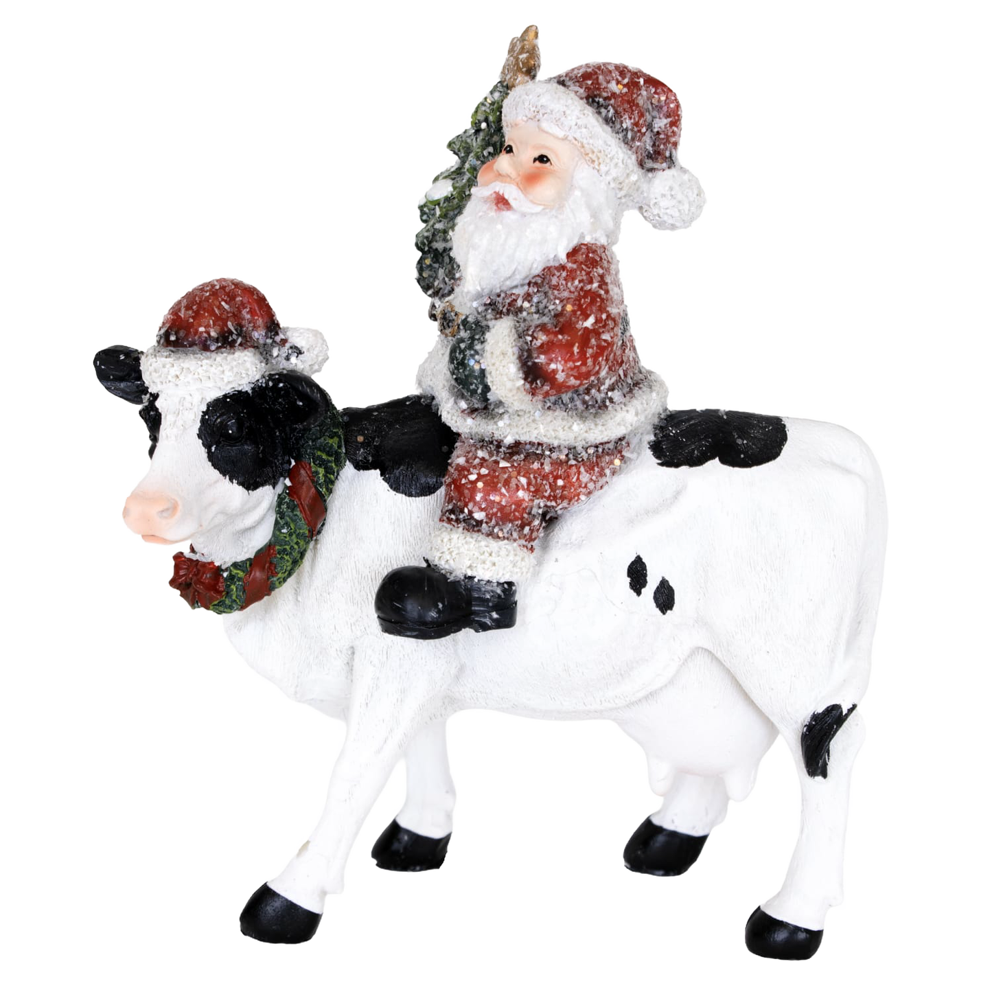 Handcrafted 6-inch resin figurine of Santa Claus riding a decorated black and white cow, adding charming country holiday spirit to Home & Decor, Holiday Decor, Best Sellers, and Promo Eligible collections.