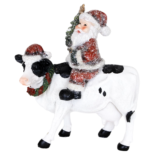 Handcrafted 6-inch resin figurine of Santa Claus riding a decorated black and white cow, adding charming country holiday spirit to Home & Decor, Holiday Decor, Best Sellers, and Promo Eligible collections.
