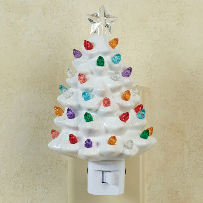 Handcrafted vintage-style ceramic Christmas tree nightlight in white glaze with colorful bulbs in purple, pink, green, red, yellow, blue, clear, and a clear star topper, perfect for adding a cozy glow to Home & Decor, Holiday Decor, Best Sellers, and Promo Eligible collections.
