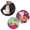 Child wearing a colorful tie-dye fabric drawstring bag on their back, hands sewing a stuffed cat toy on a purple surface, and a handmade felt flower craft with measuring tape and sewing supplies, perfect for children's arts and crafts collections.
