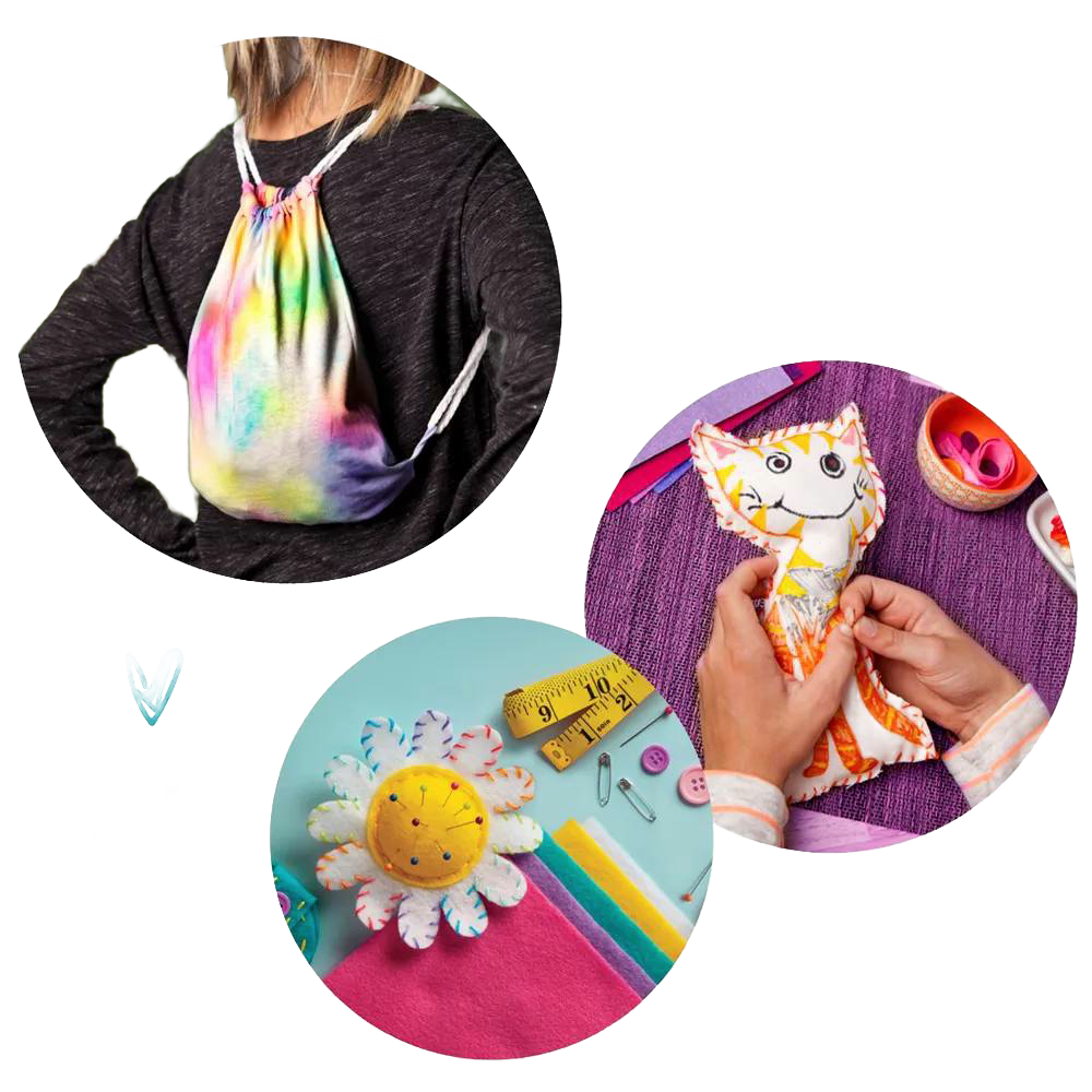 Child wearing a colorful tie-dye fabric drawstring bag on their back, hands sewing a stuffed cat toy on a purple surface, and a handmade felt flower craft with measuring tape and sewing supplies, perfect for children's arts and crafts collections.