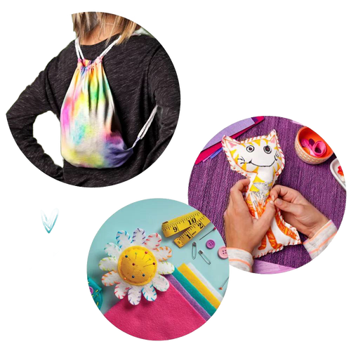 Child wearing a colorful tie-dye fabric drawstring bag on their back, hands sewing a stuffed cat toy on a purple surface, and a handmade felt flower craft with measuring tape and sewing supplies, perfect for children's arts and crafts collections.