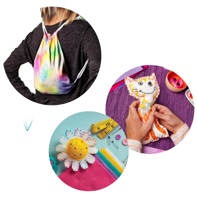 Child wearing a colorful tie-dye fabric drawstring bag on their back, hands sewing a stuffed cat toy on a purple surface, and a handmade felt flower craft with measuring tape and sewing supplies, perfect for children's arts and crafts collections.