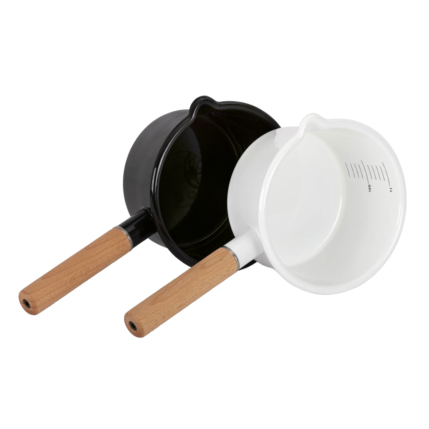 Set of two enamel outdoor cooking pans, one black and one white, each with wooden handles and internal measurement lines, perfect for Camping, Kitchen & Food, Cookware, and Best Sellers collections.