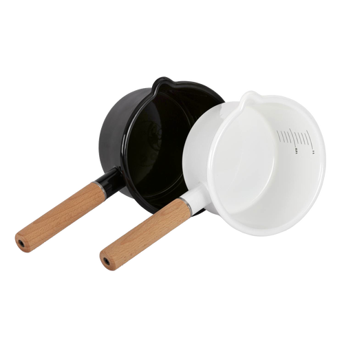 Set of two enamel outdoor cooking pans, one black and one white, each with wooden handles and internal measurement lines, perfect for Camping, Kitchen & Food, Cookware, and Best Sellers collections.