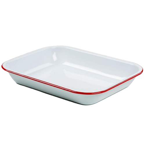 Porcelain enamel-on-steel roasting pan in crisp white with red rolled edges, handcrafted for versatile kitchen use in cookware, pots and pans, and best sellers collections.