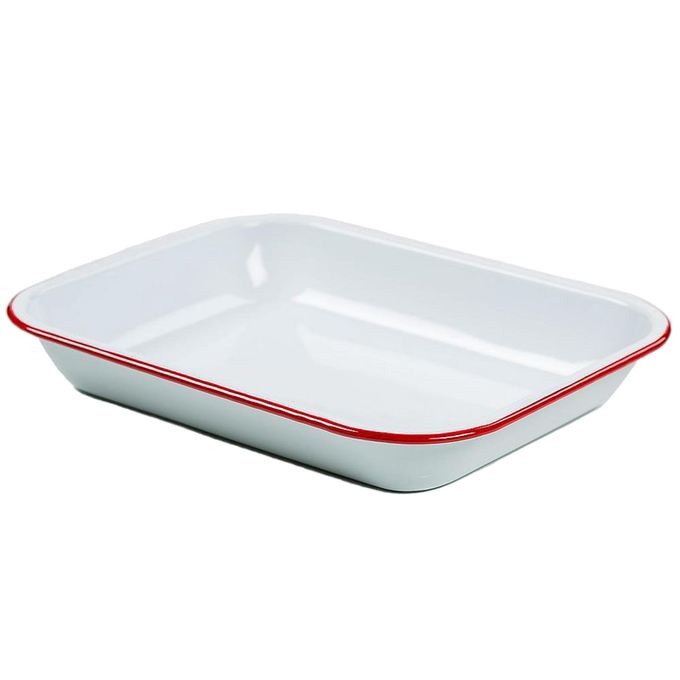 Porcelain enamel-on-steel roasting pan in crisp white with red rolled edges, handcrafted for versatile kitchen use in cookware, pots and pans, and best sellers collections.