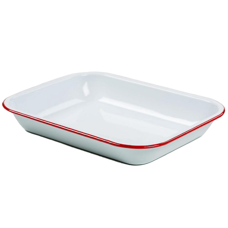 Porcelain enamel-on-steel roasting pan in crisp white with red rolled edges, handcrafted for versatile kitchen use in cookware, pots and pans, and best sellers collections.