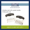 Set of two stainless steel meat shredding claws with ergonomic wooden handles, durable and dishwasher safe, designed for easy pulled pork and smoked meat preparation in Kitchen & Food collections.