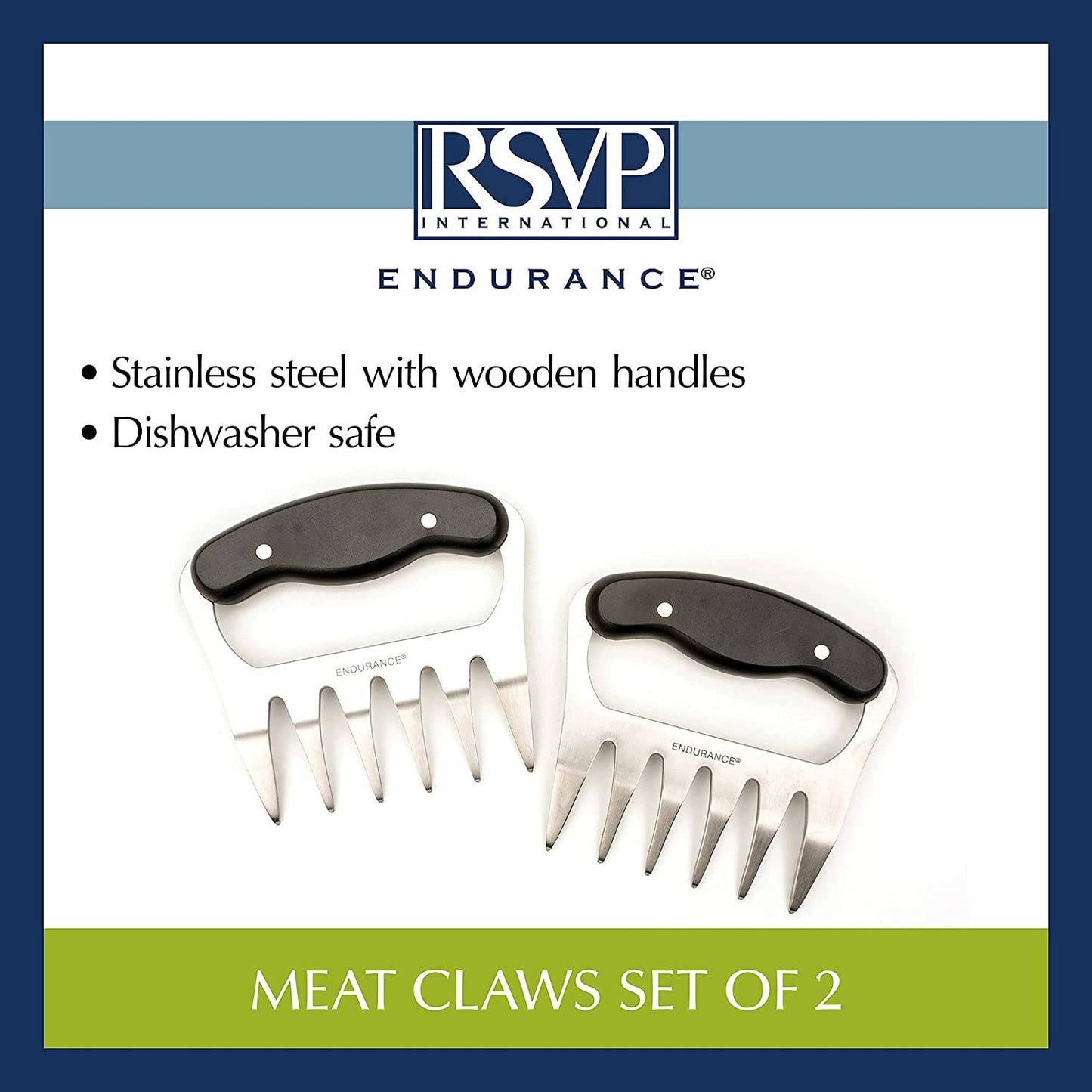 Set of two stainless steel meat shredding claws with ergonomic wooden handles, durable and dishwasher safe, designed for easy pulled pork and smoked meat preparation in Kitchen & Food collections.