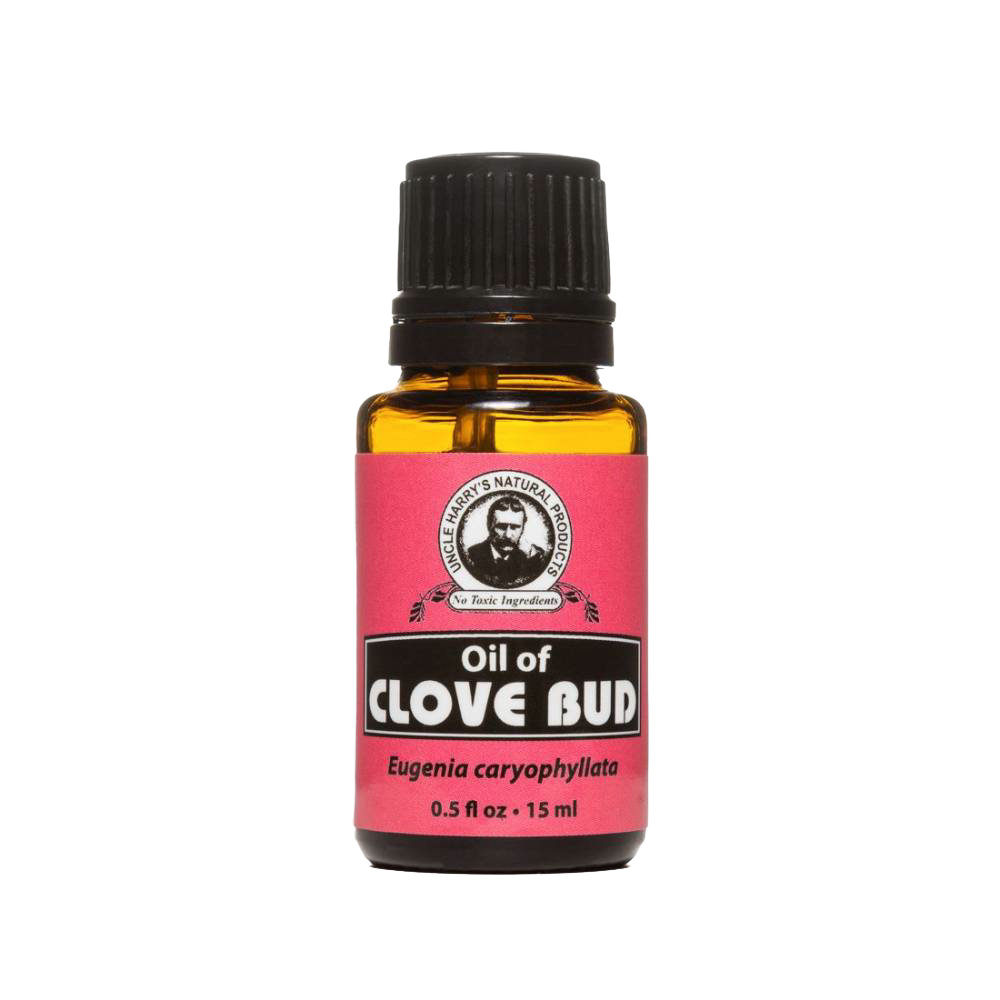 Amber glass bottle of handcrafted clove bud essential oil with black cap and red label, made in USA, ideal for aromatherapy, soapmaking, candlemaking, and health remedies.