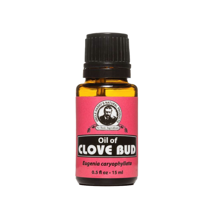 Amber glass bottle of handcrafted clove bud essential oil with black cap and red label, made in USA, ideal for aromatherapy, soapmaking, candlemaking, and health remedies.