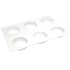 White plastic mold with six round cavities designed for making bars of soap, handcrafted in the USA and featured in soapmaking and health & wellness collections.