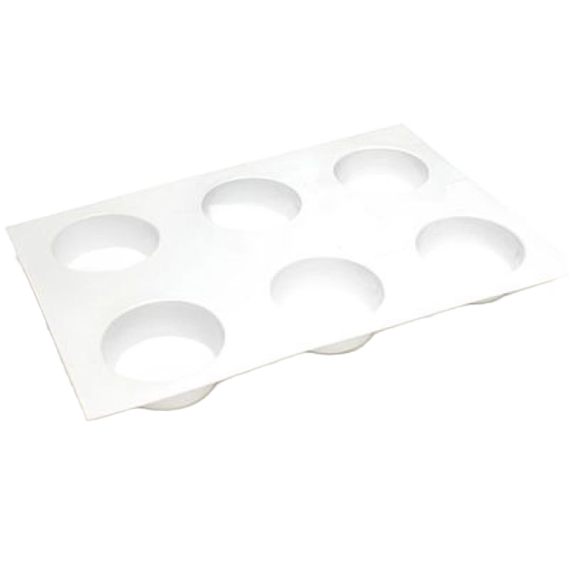 White plastic mold with six round cavities designed for making bars of soap, handcrafted in the USA and featured in soapmaking and health & wellness collections.