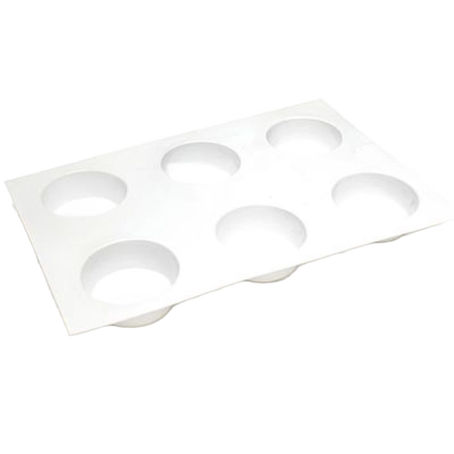 White plastic mold with six round cavities designed for making bars of soap, handcrafted in the USA and featured in soapmaking and health & wellness collections.