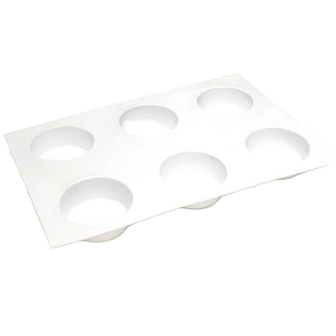 White plastic mold with six round cavities designed for making bars of soap, handcrafted in the USA and featured in soapmaking and health & wellness collections.