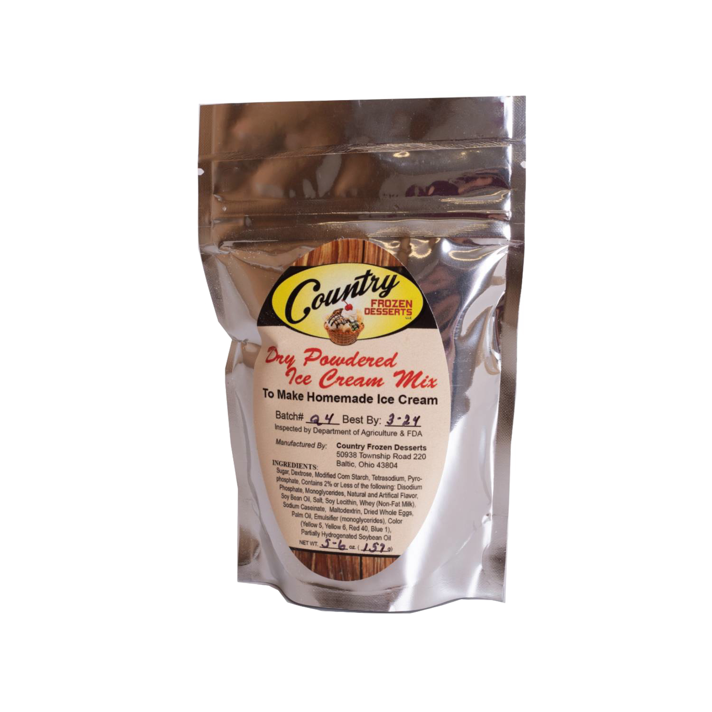 Silver foil pouch of handcrafted dry powdered ice cream mix labeled Country Frozen Desserts, ideal for making rich homemade ice cream, featured in Kitchen & Food and USA Made collections.