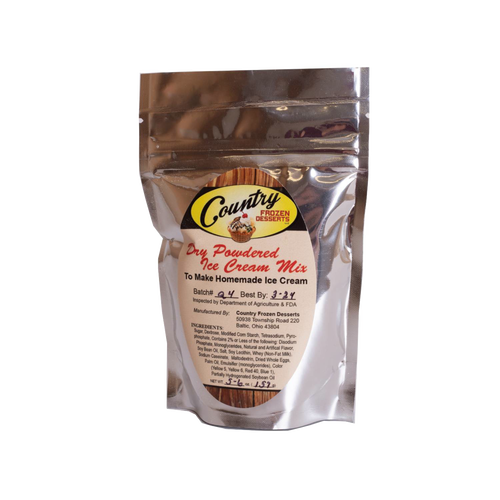 Silver foil pouch of handcrafted dry powdered ice cream mix labeled Country Frozen Desserts, ideal for making rich homemade ice cream, featured in Kitchen & Food and USA Made collections.