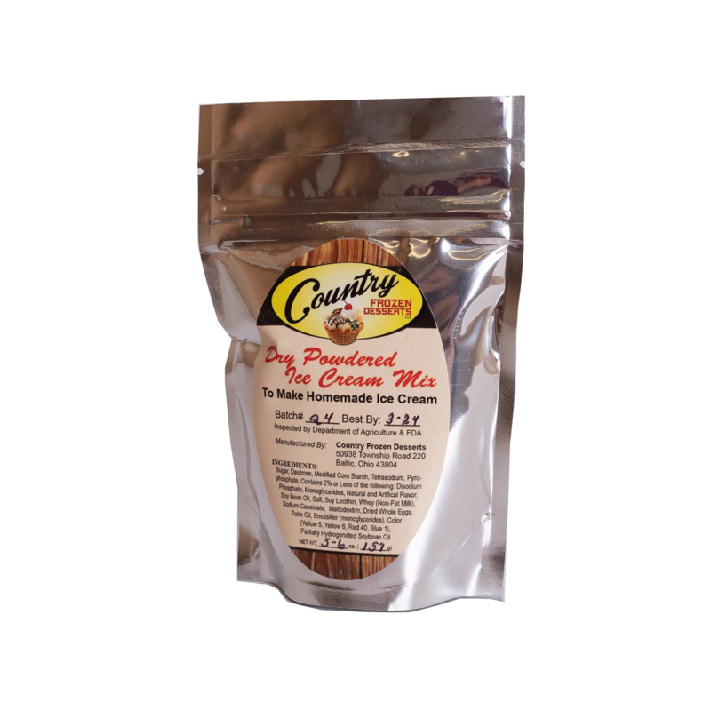 Silver foil pouch of handcrafted dry powdered ice cream mix labeled Country Frozen Desserts, ideal for making rich homemade ice cream, featured in Kitchen & Food and USA Made collections.