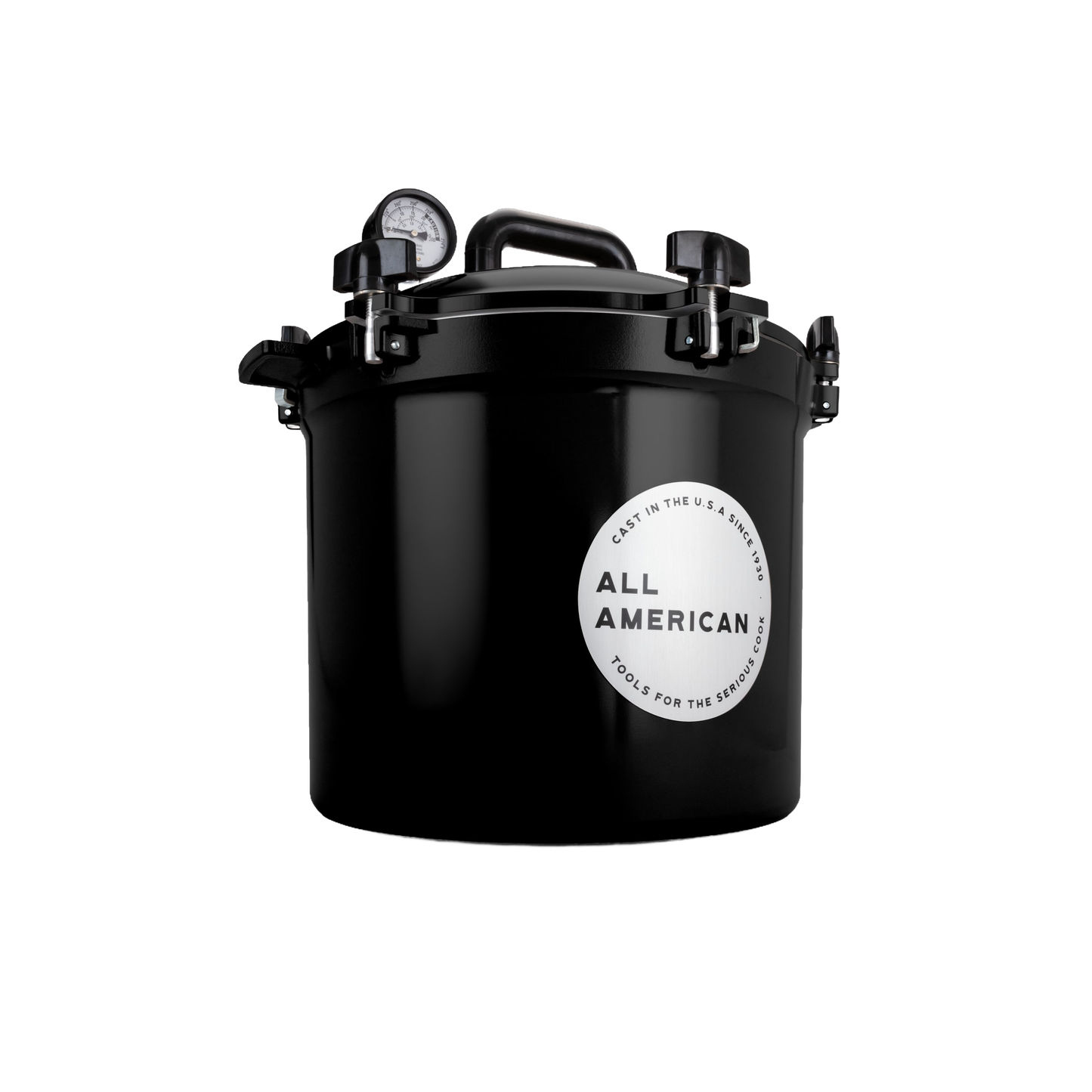 Glossy black 21.5-quart pressure canner with secure locking lid, built-in pressure gauge, and sturdy handle, handcrafted in USA for Kitchen & Food, Food Preservation, Canning, and Best Sellers collections.