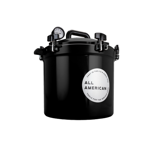Glossy black 21.5-quart pressure canner with secure locking lid, built-in pressure gauge, and sturdy handle, handcrafted in USA for Kitchen & Food, Food Preservation, Canning, and Best Sellers collections.