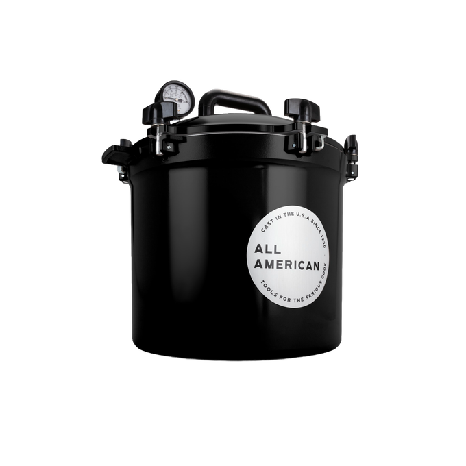 Glossy black 21.5-quart pressure canner with secure locking lid, built-in pressure gauge, and sturdy handle, handcrafted in USA for Kitchen & Food, Food Preservation, Canning, and Best Sellers collections.