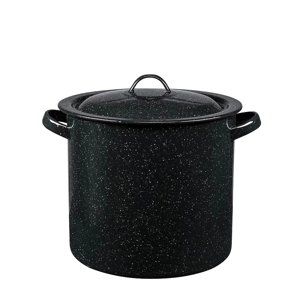 Large black speckled enamel-on-steel stockpot with lid and side handles, handcrafted for durability and even heating, ideal for Kitchen & Food, Cookware, Pots and Pans, Best Sellers, Promo Eligible collections.