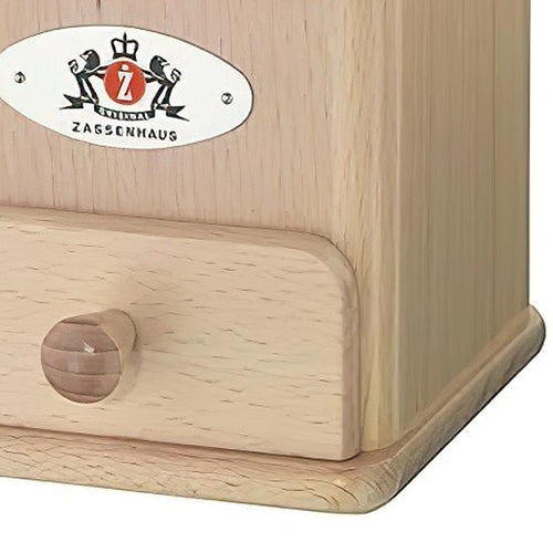 Close-up of a handcrafted wooden coffee mill drawer with smooth finish and round knob, part of Farm, Garden & Tool and Brewing Coffee and Tea collections.