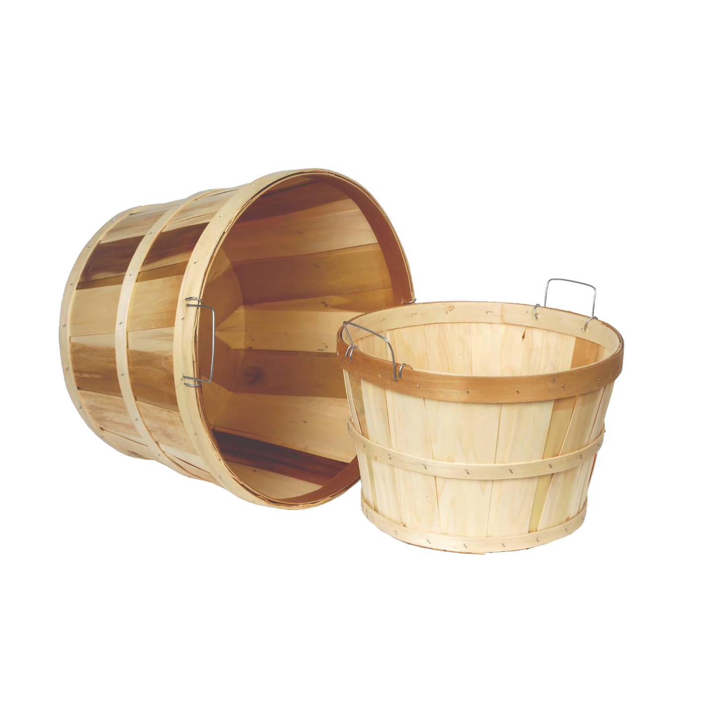 Handcrafted untreated poplar wood bushel basket set in half and full sizes with metal handles, ideal for farm, garden, and storage, featured in Farm, Garden & Tool, Garden Accessories, USA Made, and Best Sellers collections.