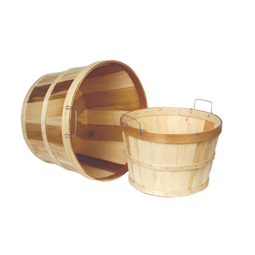 Handcrafted untreated poplar wood bushel basket set in half and full sizes with metal handles, ideal for farm, garden, and storage, featured in Farm, Garden & Tool, Garden Accessories, USA Made, and Best Sellers collections.