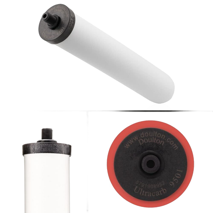 Replacement Ultracarb ceramic water filter element with activated carbon core for Doulton countertop and undersink systems, featured in Appliances, Emergency Supplies, and Water Heating and Treatment collections.