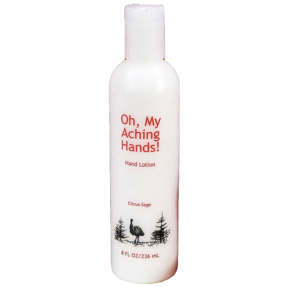 White 8 oz lotion bottle labeled Oh My Aching Hands hand lotion with citrus-sage scent, featuring black tree and bird illustrations, handcrafted and made in USA for Health & Wellness collections