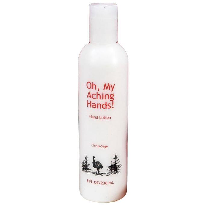 White 8 oz lotion bottle labeled Oh My Aching Hands hand lotion with citrus-sage scent, featuring black tree and bird illustrations, handcrafted and made in USA for Health & Wellness collections