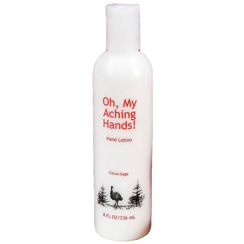 White 8 oz lotion bottle labeled Oh My Aching Hands hand lotion with citrus-sage scent, featuring black tree and bird illustrations, handcrafted and made in USA for Health & Wellness collections