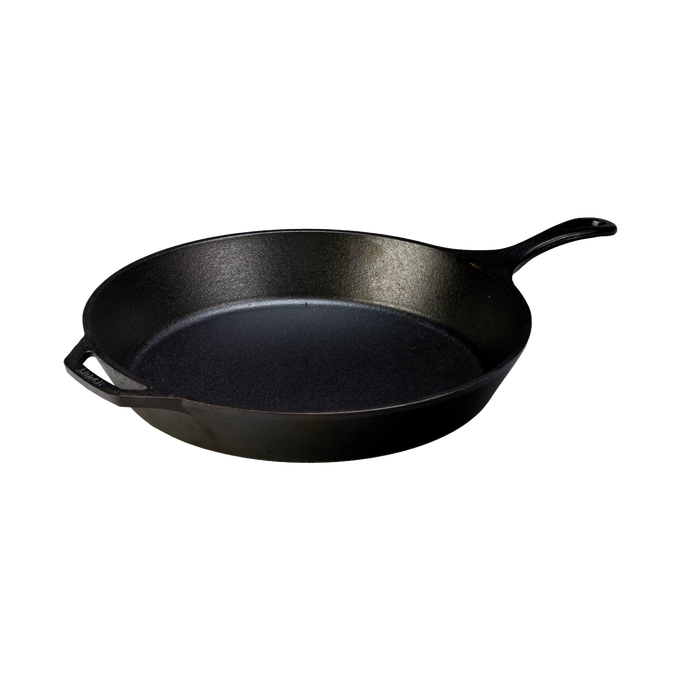 Handcrafted pre-seasoned classic cast iron skillet with a smooth black surface, featuring an ergonomic handle and helper grip, ideal for Kitchen & Food, Cookware, Cast Iron, Best Sellers, Promo Eligible collections.