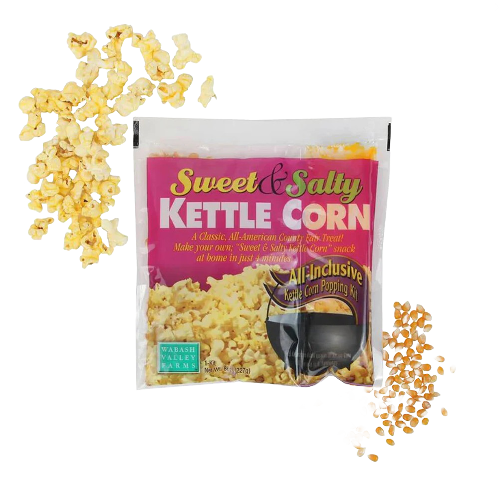 Package of sweet and salty kettle corn popping mix with raw popcorn kernels and popped corn, ideal for Kitchen & Food, Popcorn, Best Sellers, and Promo Eligible collections.