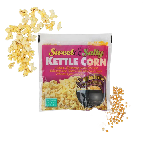 Package of sweet and salty kettle corn popping mix with raw popcorn kernels and popped corn, ideal for Kitchen & Food, Popcorn, Best Sellers, and Promo Eligible collections.