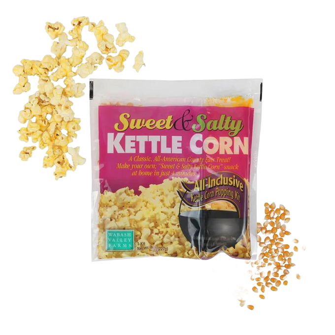 Package of sweet and salty kettle corn popping mix with raw popcorn kernels and popped corn, ideal for Kitchen & Food, Popcorn, Best Sellers, and Promo Eligible collections.
