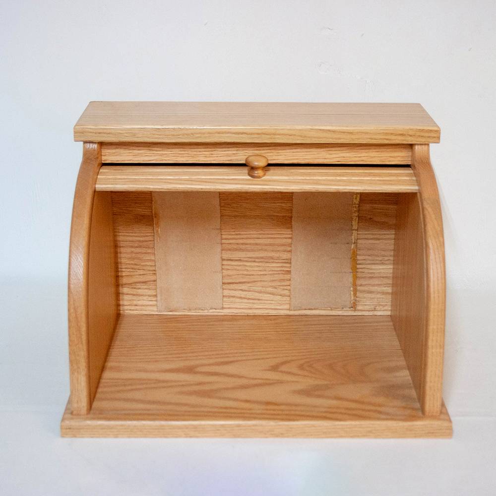 Handcrafted light honey-brown oak roll-top bread box with smooth stain and clear finish, designed to keep bread fresh, featured in Kitchen & Food, Storage and Serving, USA Made, and Amish Made collections.