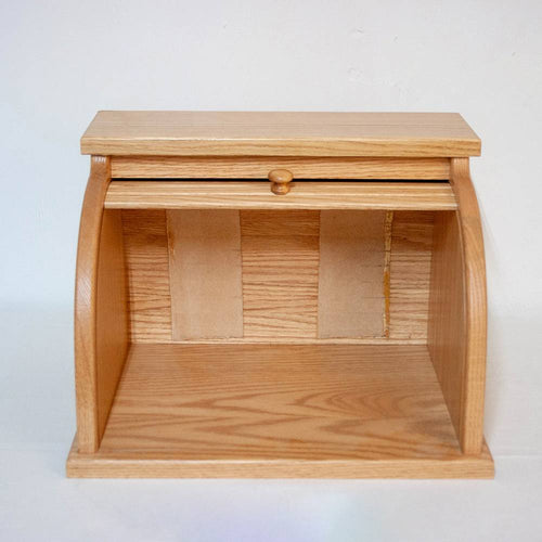Handcrafted light honey-brown oak roll-top bread box with smooth stain and clear finish, designed to keep bread fresh, featured in Kitchen & Food, Storage and Serving, USA Made, and Amish Made collections.