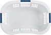 White plastic laundry basket with blue grip handles and ventilated sides, designed for comfortable carrying and ideal for laundry supplies, featured in Home & Decor and USA Made collections.