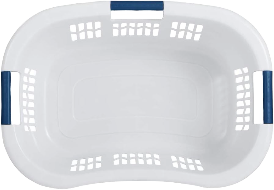 White plastic laundry basket with blue grip handles and ventilated sides, designed for comfortable carrying and ideal for laundry supplies, featured in Home & Decor and USA Made collections.