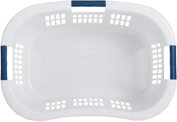 White plastic laundry basket with blue grip handles and ventilated sides, designed for comfortable carrying and ideal for laundry supplies, featured in Home & Decor and USA Made collections.