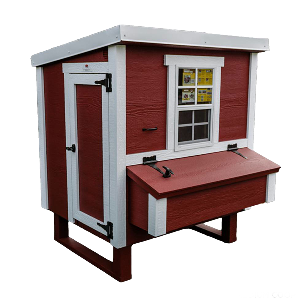 Handcrafted heavy-duty Amish-made red wooden chicken coop with white trim, featuring a secure door, nesting box with hinged lid, and window, ideal for farm, garden & tool and chicken accessories collections.